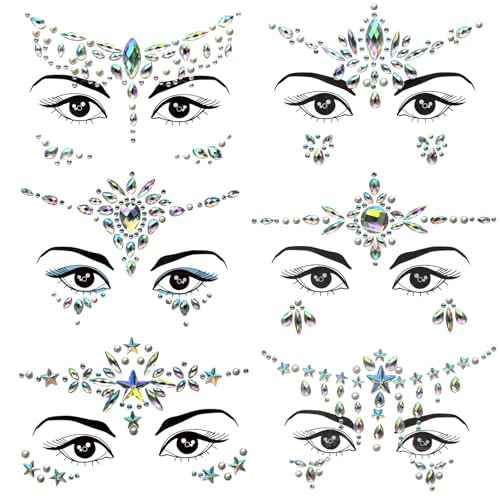 Face Gems 6 Sets Mermaid Face Jewels Festival Pearl Rhinestones Acrylic Crystal Stickers Self Adhesive Face Decoration Jewels for Parties,Carnival,Halloween, Christmas