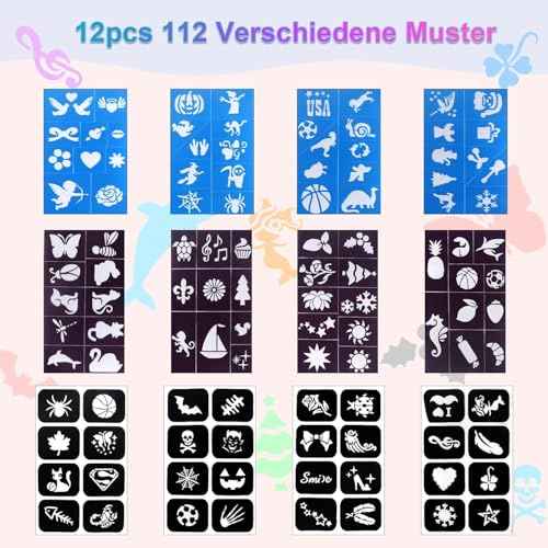 Temporary Tattoo Markers for Skin, 6 Pieces Tattoo Gel Pens with 12 Stencils, 112 Patterns, Tattoo Pens Set, Tattoo Pen for Children for Boys Girls Party Dress Up Halloween