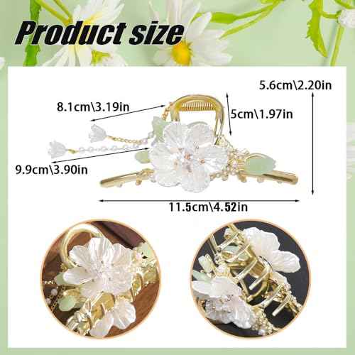 1 Pack Flower Hair Claw Clips for Women, Camellia Flower Leaf Hair Clips with Small Pearl Butterfly Tassel Design Metal Gold Strong Hold Hair Jaw Clips Grip Clip for Thick or Thin Hair Accessories