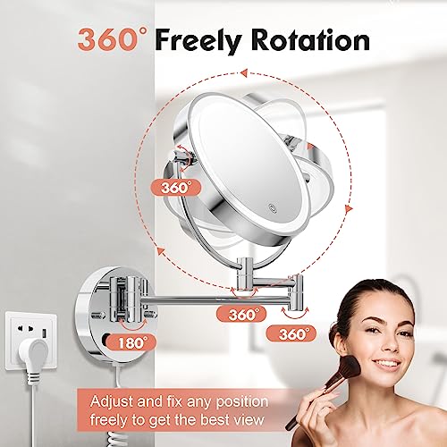 FASCINATE Upgraded Wall Mounted Makeup Mirror with Lights, Super Large Double Sided 1X/10X Magnifying Mirror for Bathroom, 360¡Æ Swivel Extendable Plug Touch Sensor Vanity Mirror