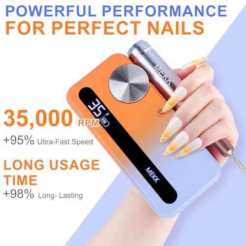 MEKK Nail Drill Kit,35000RPM Electric Nail Drill Professional Electric Nail File with 12PCS Bits,Anti-Shaking Cordless E Filer for Nails,Home & Salon(Orange Blue)
