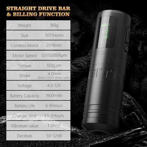 Ambition Ninja Ultra Wireless Tattoo Machine with Intelligent Billing Feature- Rotary Cartridge Pen with 1900mAh Wireless Tattoo Gun Coreless Motor Straight Drive Bar Equipment for Tattoo Artists