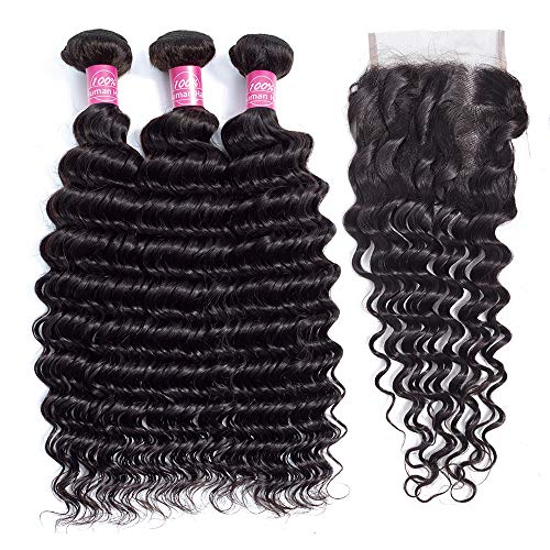 10A Deep Wave Human Hair Bundles with Closure 14 16 18+12 Brazilian Deep Weave Curly Human Hair 3 Bundles with 4x4 Lace Closure Remy Unprocessed Virgin Human Hair Bundle Natural Color
