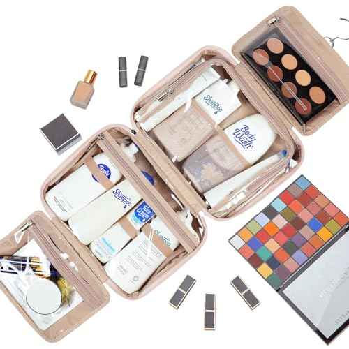 NISHEL Travel Toiletry Bag for Women Large Capacity, Makeup Essentials Organizer, Hanging Case for Accessories, Cosmetics, Pink