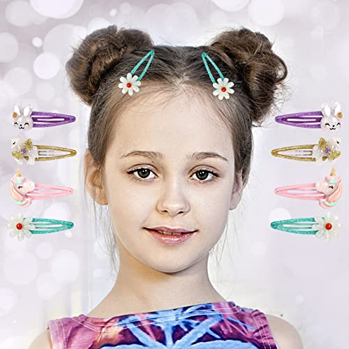 Girls Unicorn Hair Clips Toddler Girls Snap Clips with Cute Flower Pattern,Lovely Rabbit Metal Snap Hair Pins,Cute Flower Hair Clip for Toddlers Kids(B)