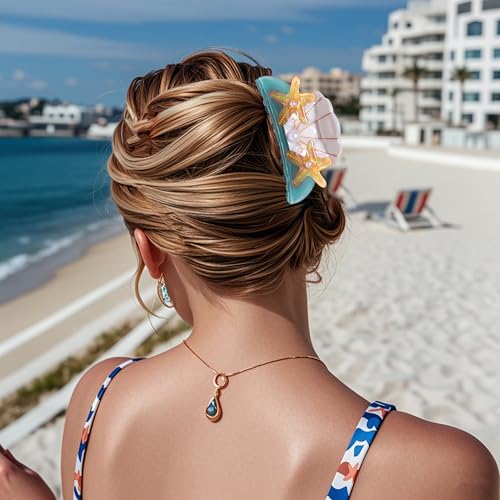 BVGA Sea Animal Hair Claw Clips Marine Life Starfish Seashell Pearl Crystal Claw Clips Cute Large Claw Hair Clips Beach Stylish Hair Accessories Gifts for Women Girls (Shell Starfish Blue)