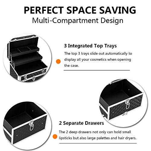 mefeir Aluminum Rolling Makeup Train Case, Portable Makeup Organizer Suitcase, Cosmetic Storage Box, Travel Beauty Luggage Trolley Lockable w/4 Removable Wheels & 2 Sliding Drawers (Black)