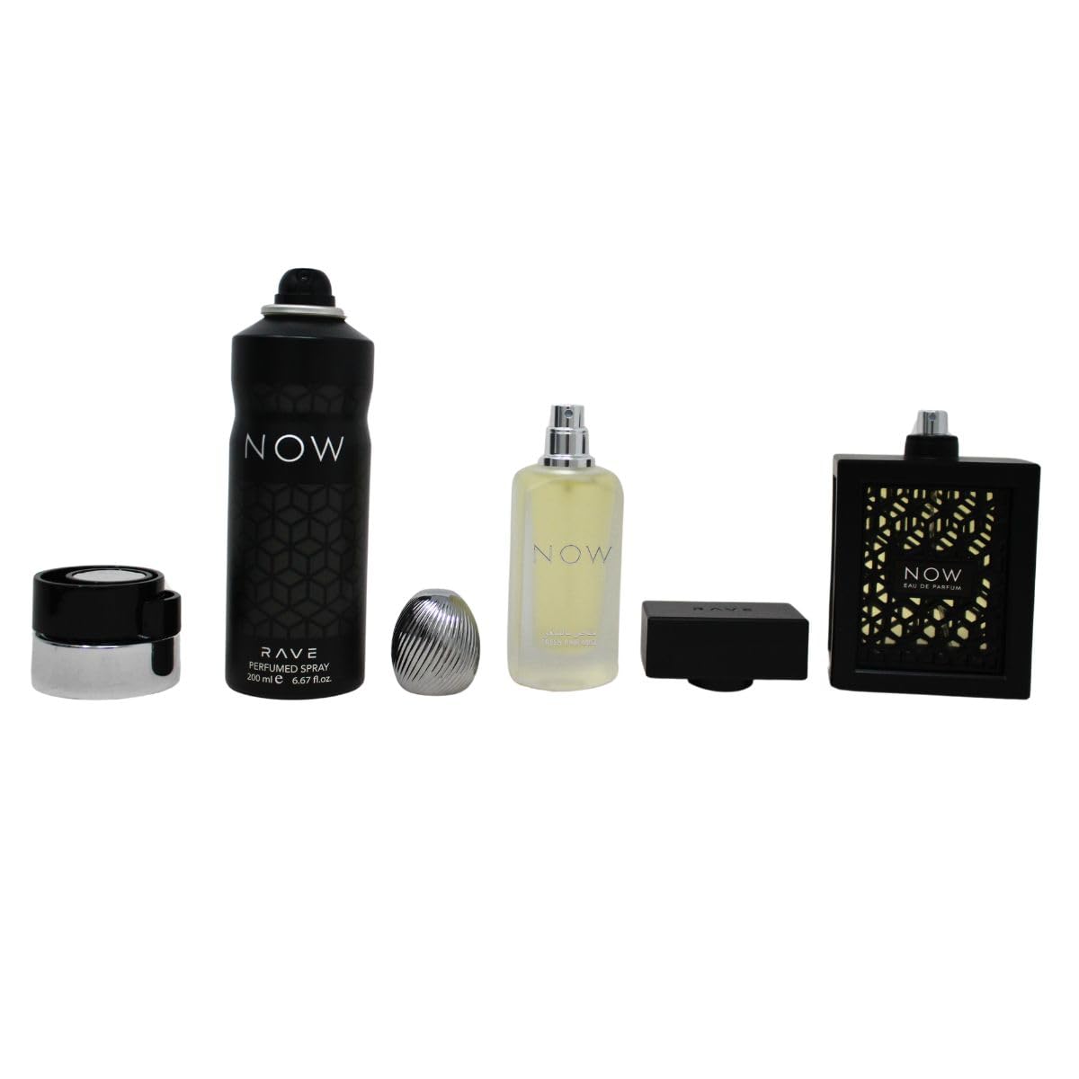 Lattafa Rave Now for Men 3 Piece Set (3.4 Oz Eau de Parfum Spray + 1.7 Oz Hair Mist + 6.7 Oz Deodorant Spray)