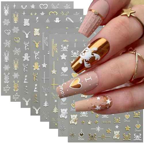 8PCS Christmas Tree Nail Stickers Metallic Nail Decals 3D Self-Adhesive Snowflake Lanterns Bells Elk Bear Star Heart Gold Silver Metal Design Xmas for Women French Manicure Decoration Party