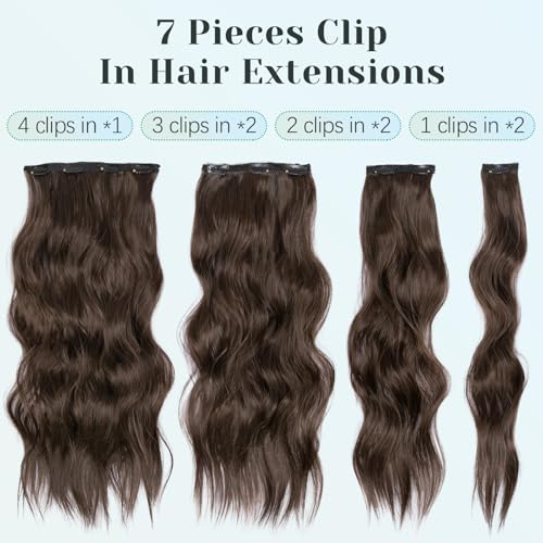 KooKaStyle Clip in Hair Extensions for Women with Thinning Hair£¬7PCS 20 Inch Thick Long Wavy Hair Extensions Clip Ins£¬Chocolate Brown with Dark Brown Synthetic Hairpiece for Daily Use Voluminous Look