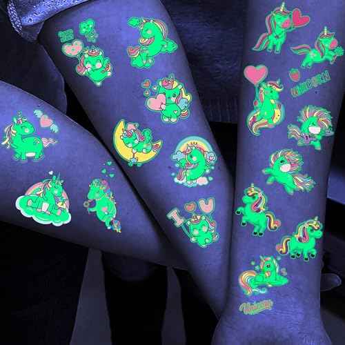 15 Sheets Unicorn Glow in The Dark Temporary Tattoos for Kids Girls Toddler Cute Fun Glitter Night Luminous Waterproof Fake Tattoo Sticker For Children Birthday Gifts Party Supplies Favor