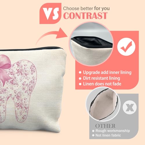 Coquette Pink Chinoiserie Bow Tooth Makeup Bag for Women, Dental Assistant Hygienist Gifts for Women, Dentist Gifts Cosmetic Bag for Purse, Dental Makeup Zipper Pouch