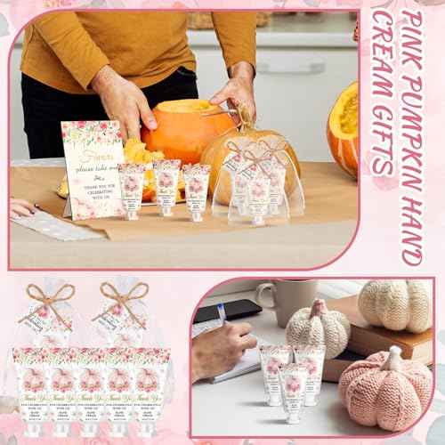 48 Sets Fall Hand Cream Bulk Gifts for Guest Baby Shower Party Favors Travel Size Pumpkin Hand Cream with Thank You Cards for Autumn Thanksgiving Party Supplies(Pink Pumpkin)