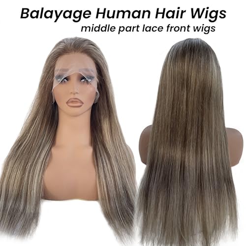 Smartinnov Ash Brown Highlight Lace Front Wig Human Hair Ombre Blonde 13x4 HD Transparent 16Inch 150% Density Ash Blonde Mixed Chestnut Brown Balayage Pre Plucked Brazilian Remy Hair Wigs for Women
