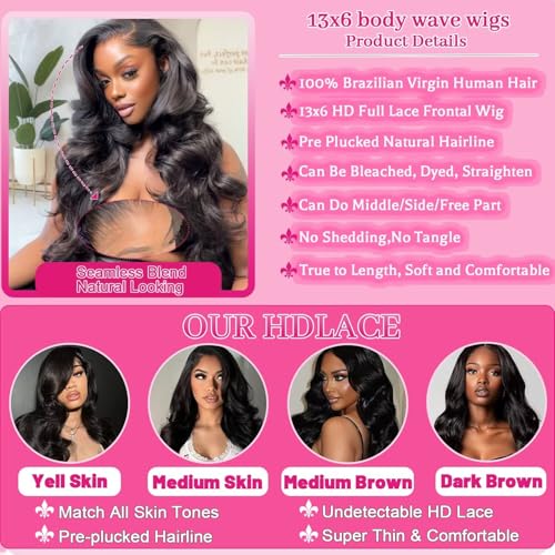 13x6 Lace Front Wigs Human Hair Pre Plucked, 180% Density Body Wave HD Transparent Lace Frontal Wigs with Baby Hair for Women, Glueless Wig, Natural Black, 24 Inch