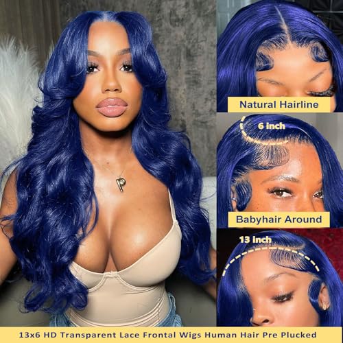 Blue Lace Front Wigs Human Hair 13x6 Dark Blue Body Wave Lace Front Wig Human Hair Pre Plucked180% Density Royal Blue Hd Lace Frontal Glueless Wigs Human Hair for Black Women 22 Inch