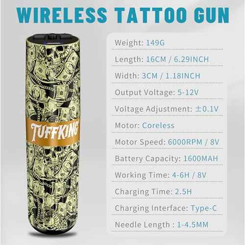 Tuffking Wireless Tattoo Machine Complete Tattoo Gun Kit with 1600mAh Tattoos Power 10PCS Cartridge Needles 8PCS Colorful Ink Tattooing Supplies for Tatto Artists(Gold 1)