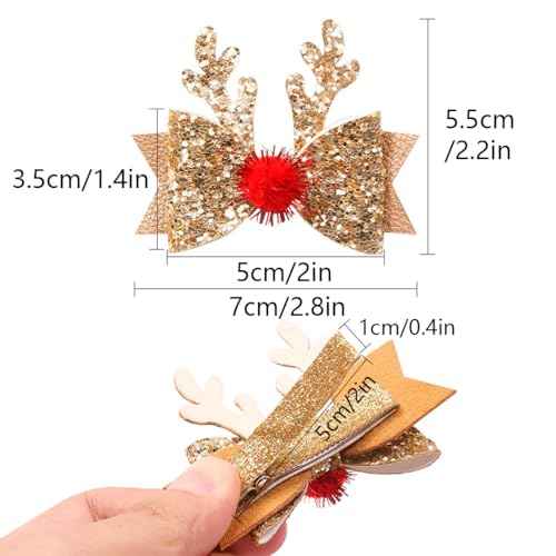 4 Pcs Christmas Hair Clips for Kids Toddler Girls Cute Reindeer Antler Bows Barrettes Gold Red Sequins Hairpin Hair Accessories for Toddlers Women Birthday Party Favor Gifts (4 Pcs)