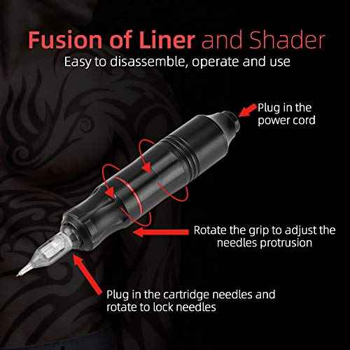 Rotary Tattoo Machine Kit, ATOMUS Tattoo Pen Style Cartridge Machine Gun Liner Shader with Power Supply 50pcs Mixed RL RS Cartridge Needles Foot Pedal DC Cord Bandage (Black)