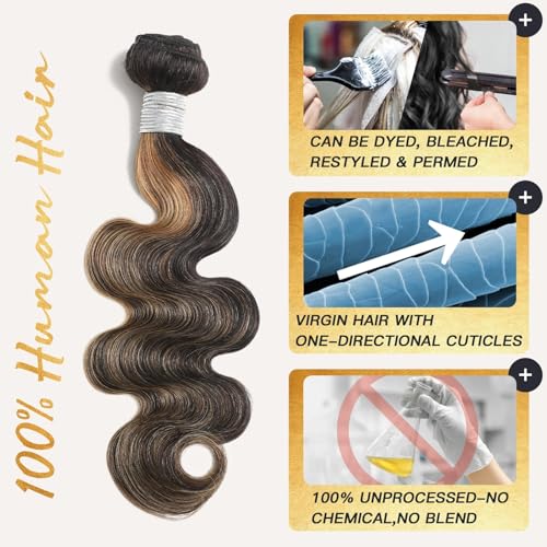 Honey Blonde Bundles Human Hair Highlighted Black and Blonde Bundles Body Wave Balayage Colored 12A 100% Brazilian Virgin Remy Human Hair 1b/27 Ombre Loose Wavy Sew In Weave 10 12 14 Inch