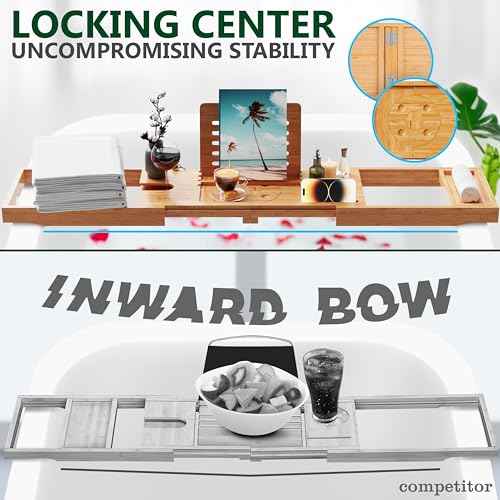 SereneLife Bamboo Bath Caddy with Fold and Lock Design - 30¡± to 43¡± Expandable Bathtub Tray, Easy Storage Folding Hinges