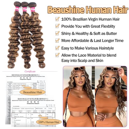 P4/27 Ombre Human Hair Bundles Loose Deep Wave Quick Weave Hair with Closure, 10A Brazilian Raw Deep Wave Human Hair Highlight Bundles with 4x4 Lace Closure(12 14 16+12inch, Honey Blonde Brown Color)