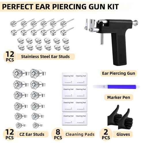 Self Ear Piercing Gun Kit with 12 Pairs of CZ Ear Stud Piercing Tools with Multi-Purpose Ear Gun for Salon and Home Use