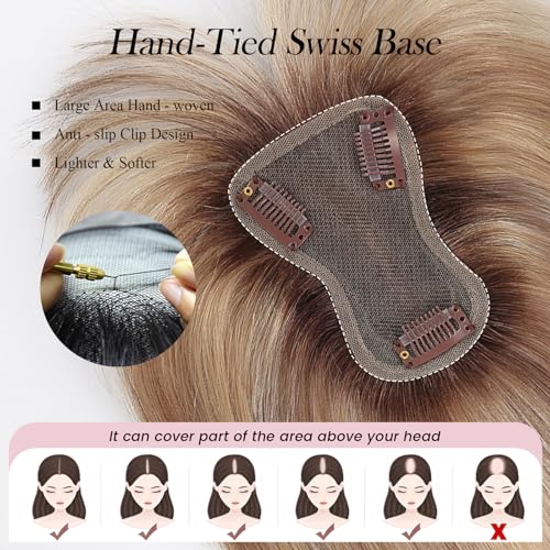EMMOR 10 Inch Real Human Hair Topper for Women - Upgrade Swiss Lace Base with 3 Non-Slip Clips, 4.5" x 3" Clip in Bangs for Thinning Hair & Natural Hair Loss Coverage(Ombre Blonde & Brown Highlight)
