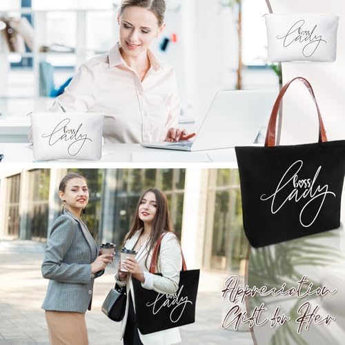 Sieral 2 Pcs Boss Lady Gifts for Women Bosses Day Lady Tote Bag with Zipper Makeup Bag Christmas Appreciation Gifts for Women Female Leader Coworker Colleague Birthday