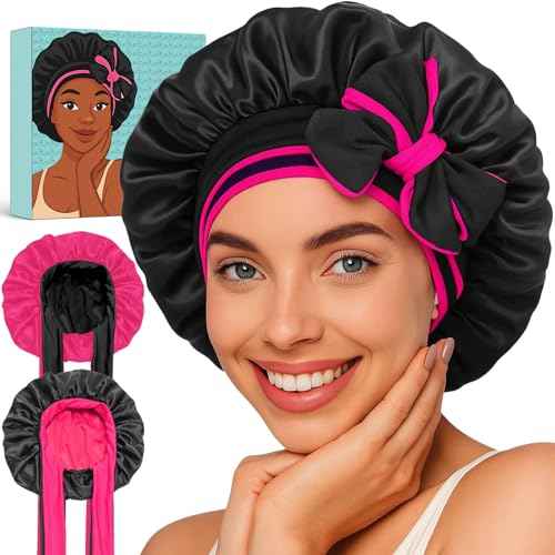 Reversible Silk Bonnet for Sleeping Women - Double Layer & Color Satin Bonnet, Adjustable Hair Cap for Curly & Textured Hair (Rose Red & Black)