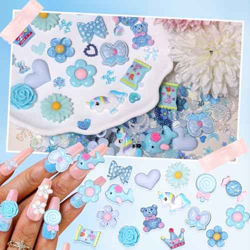 300 Pcs Blue Charms for Junk Cases, Cute Resin Nail Candy Flower Charms, 3D Mix Assorted Pearls Nail Charms, Multi Shapes Flower Bow Star Heart Junk Case Charms for Nail Art DIY Crafts Accessories