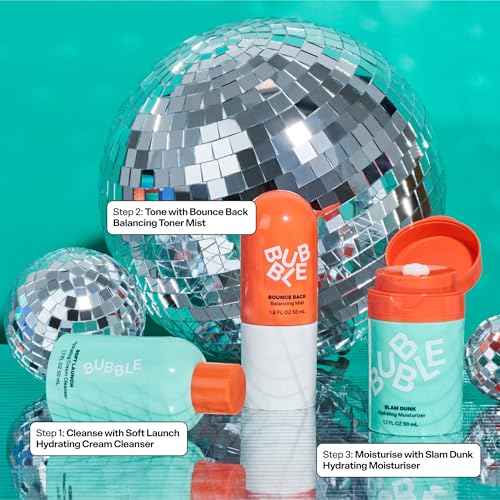 Bubble Skincare Silky Season 3-Step Hydrating Skin Care Set - Travel Size Skincare for Dry Skin - Soft Launch Cream Cleanser, Bounce Back Hydrating Toner Spray & Slam Dunk Moisturizer (3 Count)
