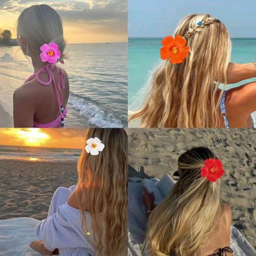 4Pcs Hawaiian Flower Hair Clips for Women Plumeria Hair Accessories Summer Beach Flat Hair Clips Alligator Clips Hibiscus Flowers Hair Barrettes for Wedding Holiday Beach Hair Styling Decoration