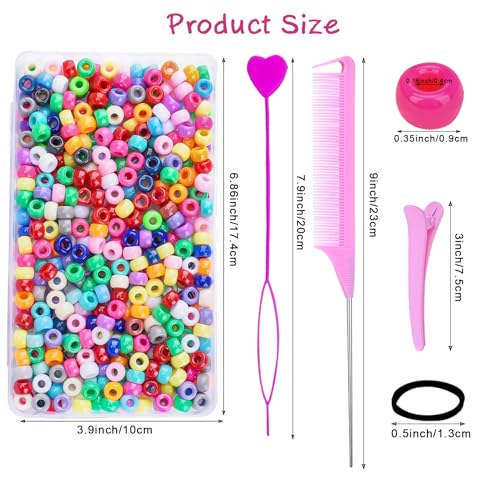 Ningrou 1008 Pcs Hair Beads Kit for Girls and Kids Hair Braids, 500Pcs 9x6mm Pony Beads, 500Pcs Mini Elastic Rubber Bands, 5Pcs Quick Beaders, 1Pcs Rattail Comb and 2Pcs Duckbill Clips