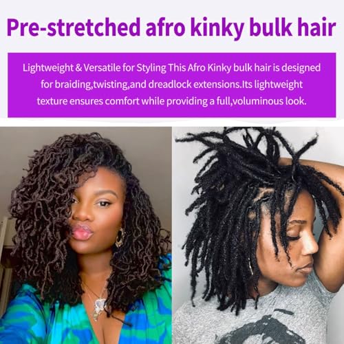 ¡°Afro Kinky Curly Bulk Human Hair 16 Inch, 100 g (2 ¡¿ 50 g Bundles)100% Human Hair for Loc Extensions, Braiding, Mini Twists, Crochet & Loc Repair, #1B Natural Black, with Hook & Comb¡±