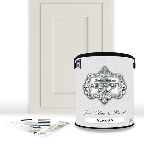 ALL-IN-ONE Paint, Durable cabinet and furniture paint. Built in primer and top coat, no sanding needed. Includes our 30 featured color card - Almond (off white with tan undertone), Gallon