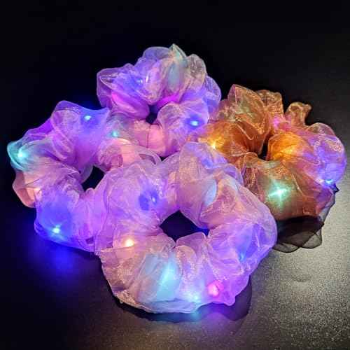 Light Up Scrunchies, Easter Gifts Scrunchy Hair Ties Glow in the Dark Party Supplies Glow Sticks Party Favor Festival Rave Accessories for Neon Party, Fun Hair Scrunchies (4Pcs-Purple+brown)