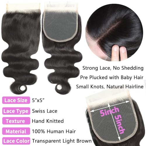12A Body Wave Human Hair Bundles with Closure (18 20 22+16,Free Part) Closure with 3 Bundles Brazilian Virgin Hair Extensions with Pre Plucked with Baby Hair 5X5 HD Lace Closure Natural Black Color