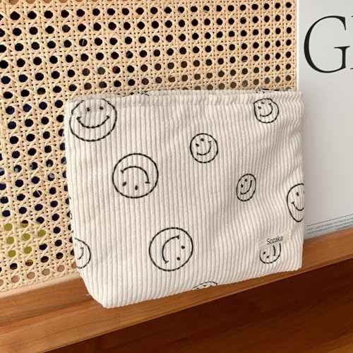Cosmetic Bags for Women - Corduroy Cosmetic Bag Aesthetic Women Handbags Purses Smile Dots Makeup Organizer Storage Makeup Bag Girls Case Bags (A-Beige)