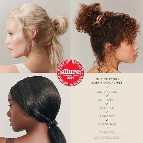 slip Silk Skinny Scrunchies - Black | Set of 4 Skinny Scrunchies | 100% Mulberry Silk, Anti-Crease, Gentle on Hair, Reduces Breakage | Stylish & Durable, Ideal for All Hair Types