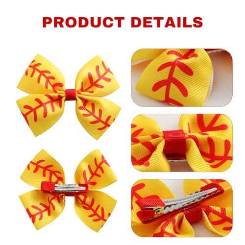 4PCS Softball Hair Bow Clips for Girls Women 4 Inch Yellow Ribbon Cheer Hair Accessories Party Gift
