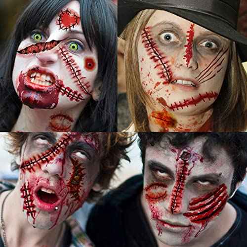 215+ PCS 30 Sheets 3D Fake Scars Tattoo Temporary Halloween Makeup Kit, Fake Stitches Tattoos Cut Scary Face Wound Blood Chucky Scars Tatoos For Kids Women Men Boys Girls Zombie Sticker