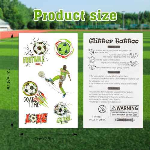 Konsait 20 Sheets Glitter Tattoos for Kids - Soccer, Football & Sports Themed Washable Tattoos Football Tattoo Soccer Favors Sports Tattoo Temporary for Kids Soccer Themed Gifts