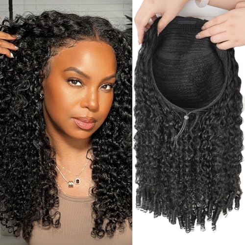 Burmese Curly Half Wigs Human Hair 200% Density Curly 3 In 1 Half Wigs With Drawstring for Women Water Wave Glueless Wig Human Hair with Spiral End,Seamless Flip Headband Wig,Beginner Friendly(14inch)