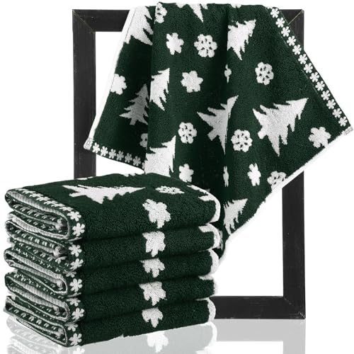 6 Pcs Christmas Washcloths Cotton Wash Cloths 13" X 13" Winter Xmas Kitchen Small Face Towels Absorbent Soft Bath Towels for Christmas Holiday Party Decor(Green,Xmas Tree)