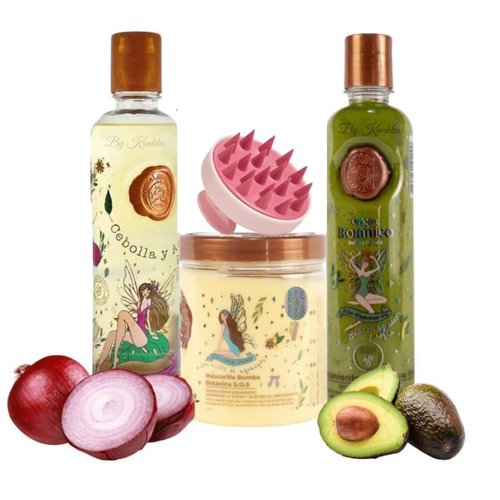 Kit Capilar Origen Botánico – Masajeador capilar + Shampoo de Cebolla + Acondicionador de Aguacate + Bomba Capilar – Fortalece, Nutre y Estimula – 4 Piezas