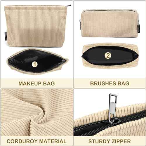 MAGEFY Small Makeup Bag, 2 PCS Corduroy Make up Bag for Purse Large Capacity Travel Cosmetic Bag for Women Zipper Makeup Pouch for Travelling Preppy Stuff - Beige