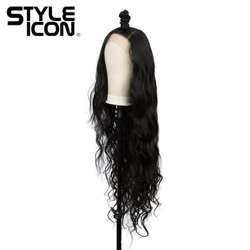 Style Icon Easy-360 36" Free Part Lace Frontal Wigs Super Long Multi-Layered Big Curl Wig Synthetic Wig (36 Inches, 1B)