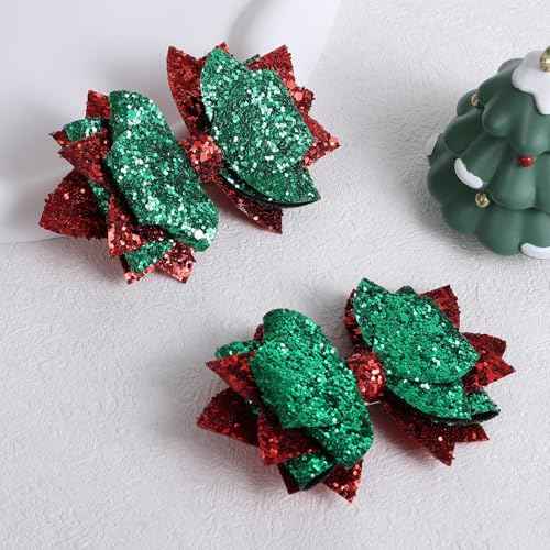 Glitter Red Green Hair Bow Clips 4IN Holiday Cheer Bow Alligator Barrettes Hairpins for Toddler Teens Girls Kids Birthday Back School Christmas Dress outfit Decor Accessory Gift