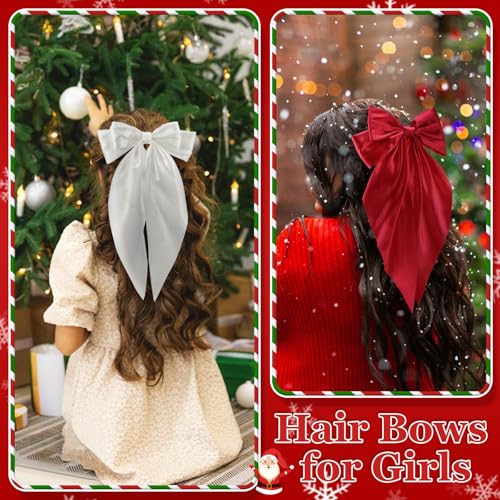 5 Pcs Satin Hair Bows - Big, Long Tail Ribbon Hair Bows in Red and Green for Christmas